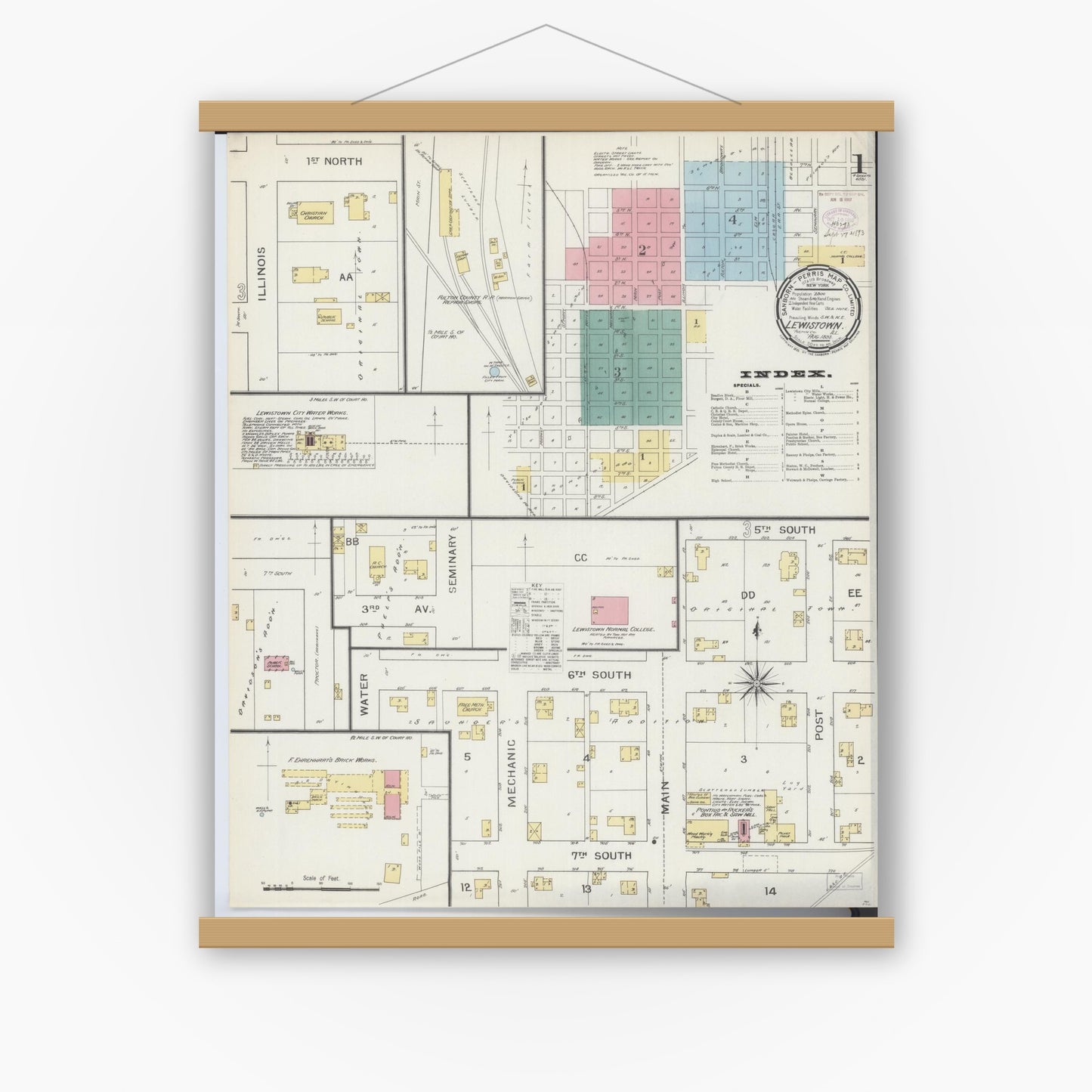 Old map wall art mockup — magnetic wood frame on white wall — Sanborn Fire Insurance Map from Lewistown, Fulton County, Illinois (1893) - Complete Map Set