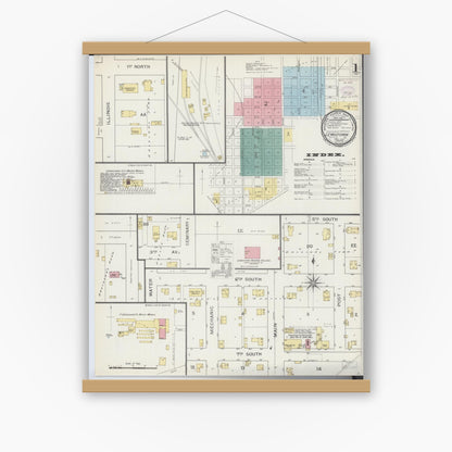 Old map wall art mockup — magnetic wood frame on white wall — Sanborn Fire Insurance Map from Lewistown, Fulton County, Illinois (1893) - Complete Map Set