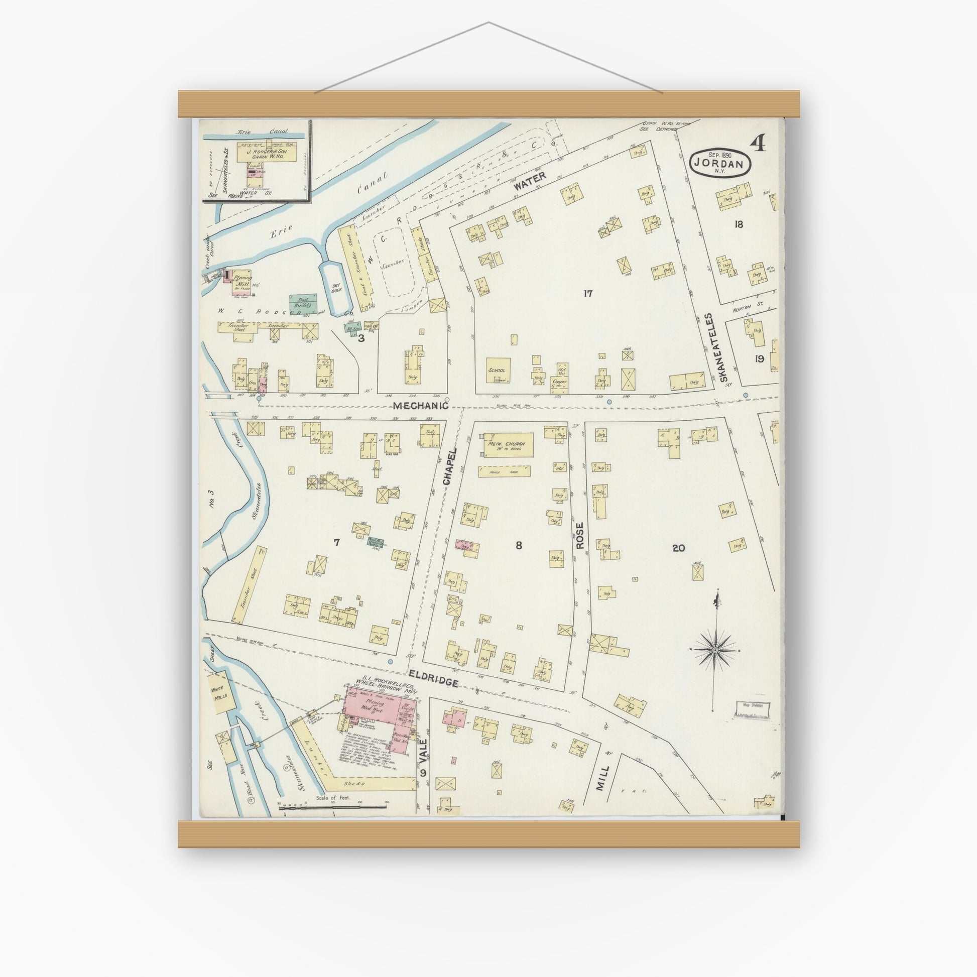 Old map wall art mockup — magnetic wood frame on white wall — Sanborn Fire Insurance Map from Jordan, Onondaga County, New York (1890), Sheet #0004