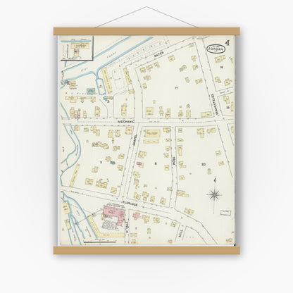 Old map wall art mockup — magnetic wood frame on white wall — Sanborn Fire Insurance Map from Jordan, Onondaga County, New York (1890), Sheet #0004