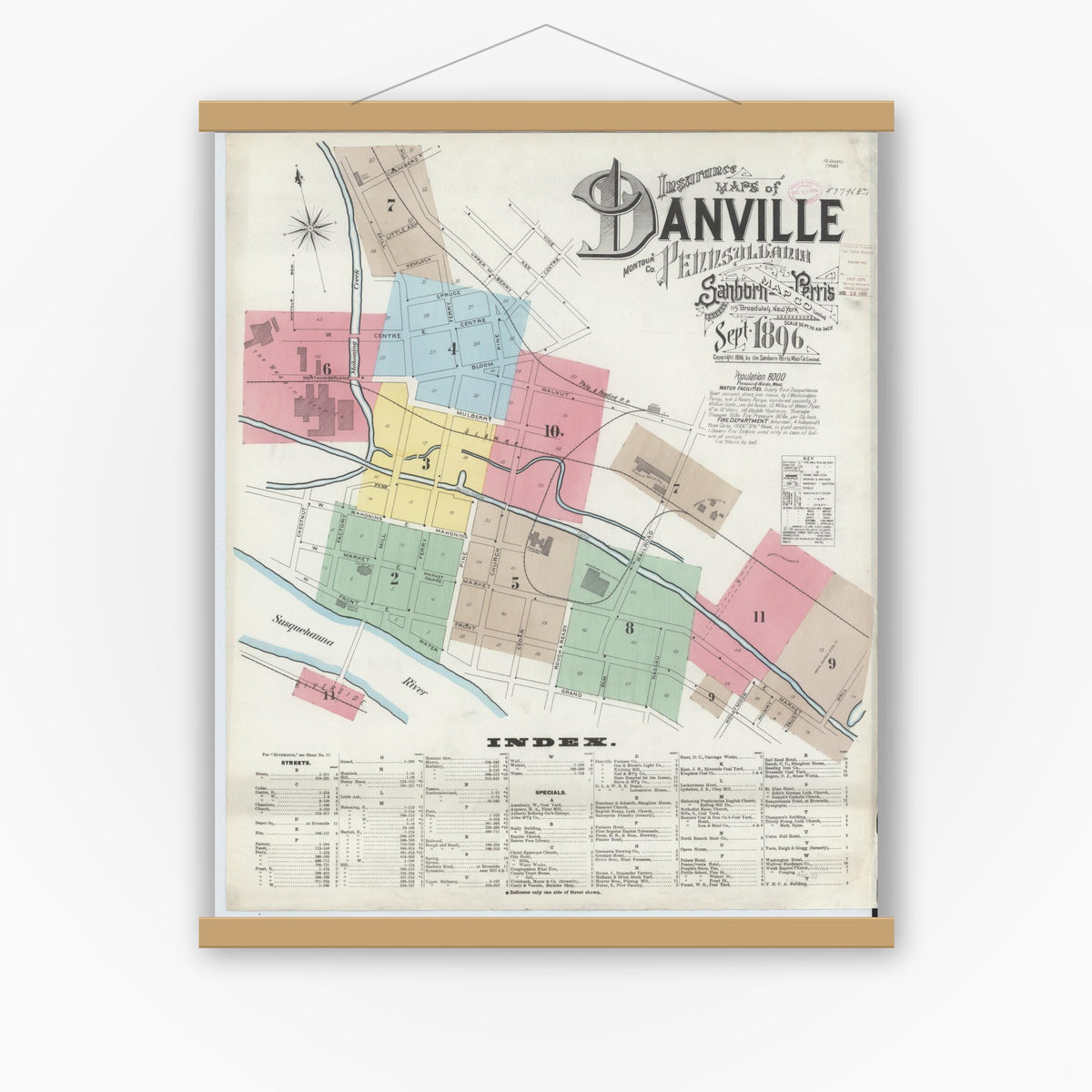 Old map wall art mockup — magnetic wood frame on white wall — Sanborn Fire Insurance Map from Danville, Montour County, Pennsylvania (1896) - Complete Map Set