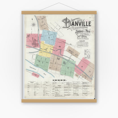 Old map wall art mockup — magnetic wood frame on white wall — Sanborn Fire Insurance Map from Danville, Montour County, Pennsylvania (1896) - Complete Map Set