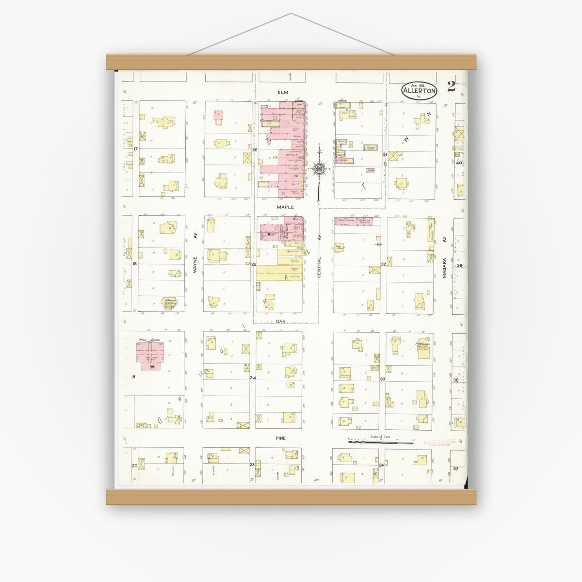 Old map wall art mockup — magnetic wood frame on white wall — Sanborn Fire Insurance Map from Allerton, Wayne County, Iowa (1913), Sheet #0002