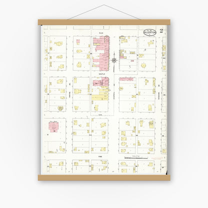 Old map wall art mockup — magnetic wood frame on white wall — Sanborn Fire Insurance Map from Allerton, Wayne County, Iowa (1913), Sheet #0002