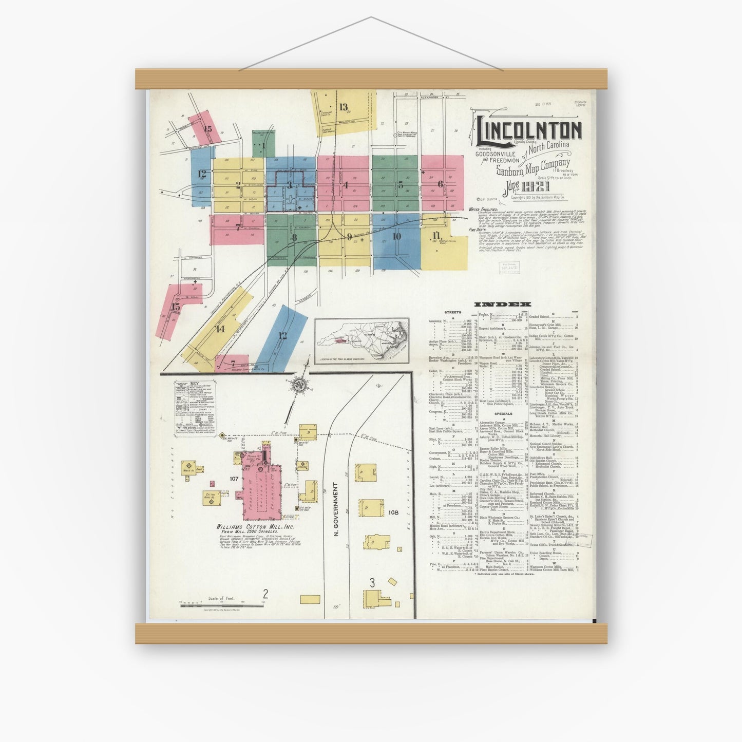 Old map wall art mockup — magnetic wood frame on white wall — Sanborn Fire Insurance Map from Lincolnton, Lincoln County, North Carolina (1921) - Complete Map Set