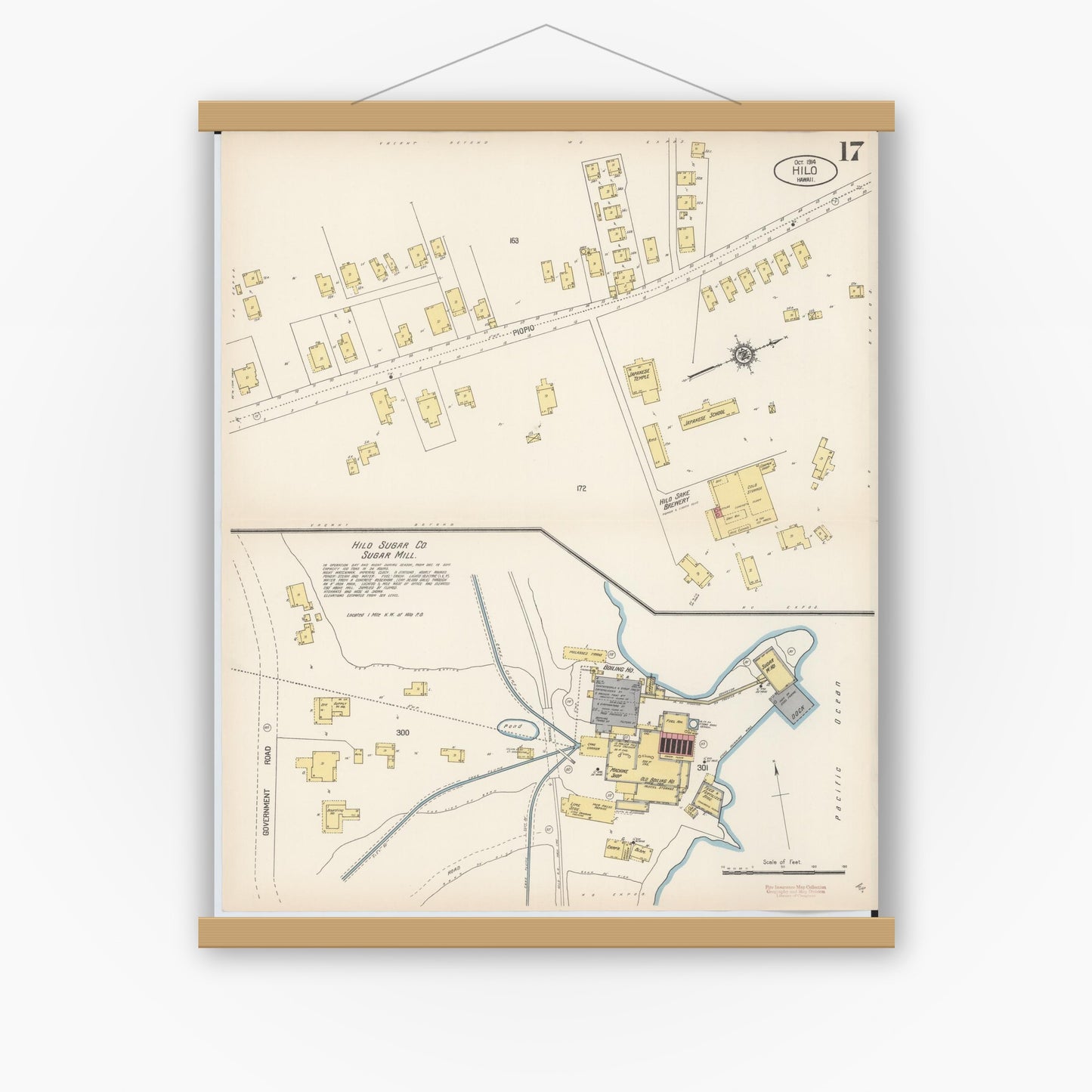 Old map wall art mockup — magnetic wood frame on white wall — Sanborn Fire Insurance Map from Hilo, Hawaii County, Hawaii (1914), Sheet #0017
