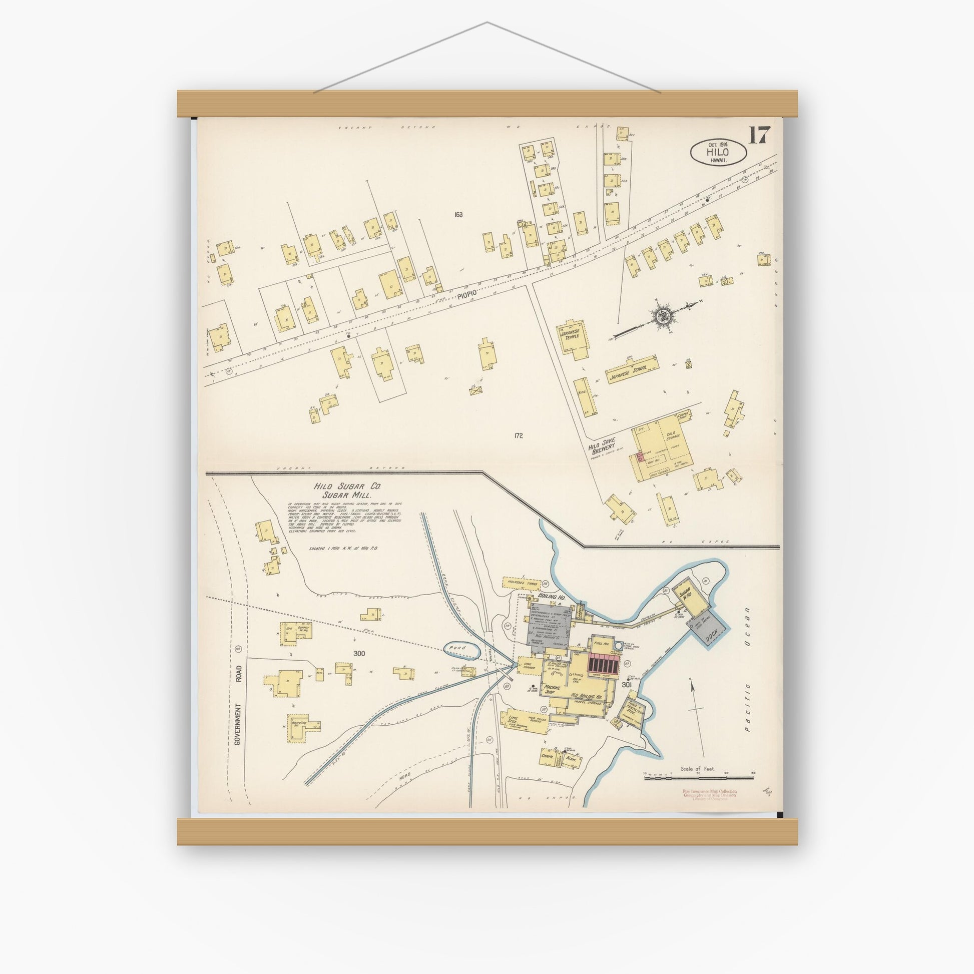 Old map wall art mockup — magnetic wood frame on white wall — Sanborn Fire Insurance Map from Hilo, Hawaii County, Hawaii (1914), Sheet #0017