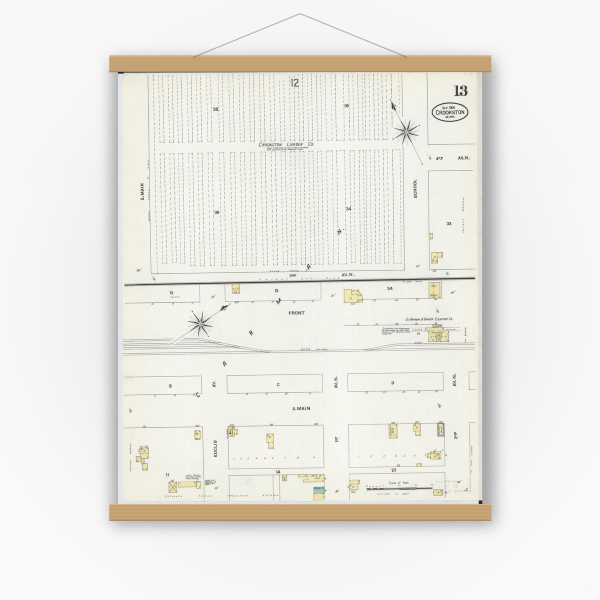 Old map wall art mockup — magnetic wood frame on white wall — Sanborn Fire Insurance Map from Crookston, Polk County, Minnesota (1906), Sheet #0013