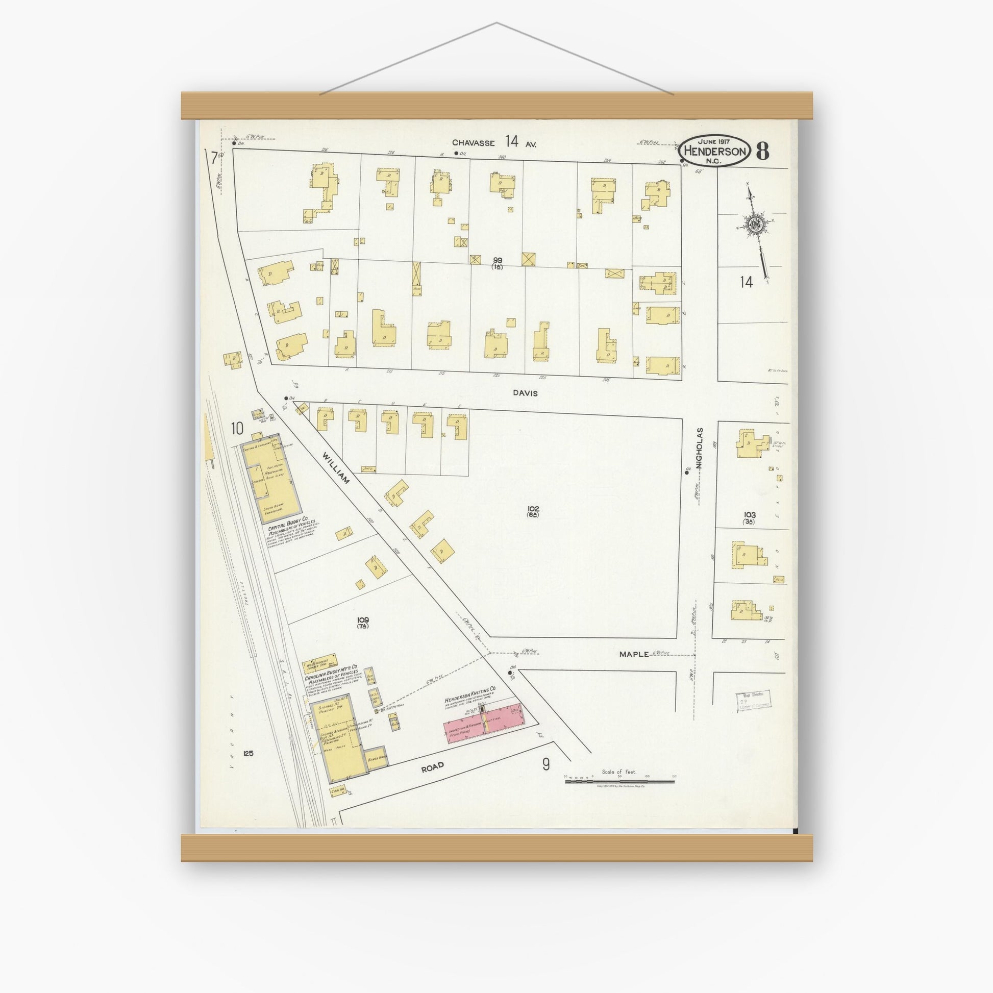 Old map wall art mockup — magnetic wood frame on white wall — Sanborn Fire Insurance Map from Henderson, Vance County, North Carolina (1917), Sheet #0008