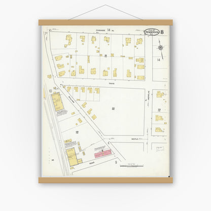 Old map wall art mockup — magnetic wood frame on white wall — Sanborn Fire Insurance Map from Henderson, Vance County, North Carolina (1917), Sheet #0008