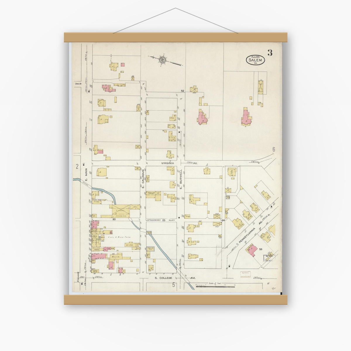 Old map wall art mockup — magnetic wood frame on white wall — Sanborn Fire Insurance Map from Salem, Independent Cities, Virginia (1913), Sheet #0003