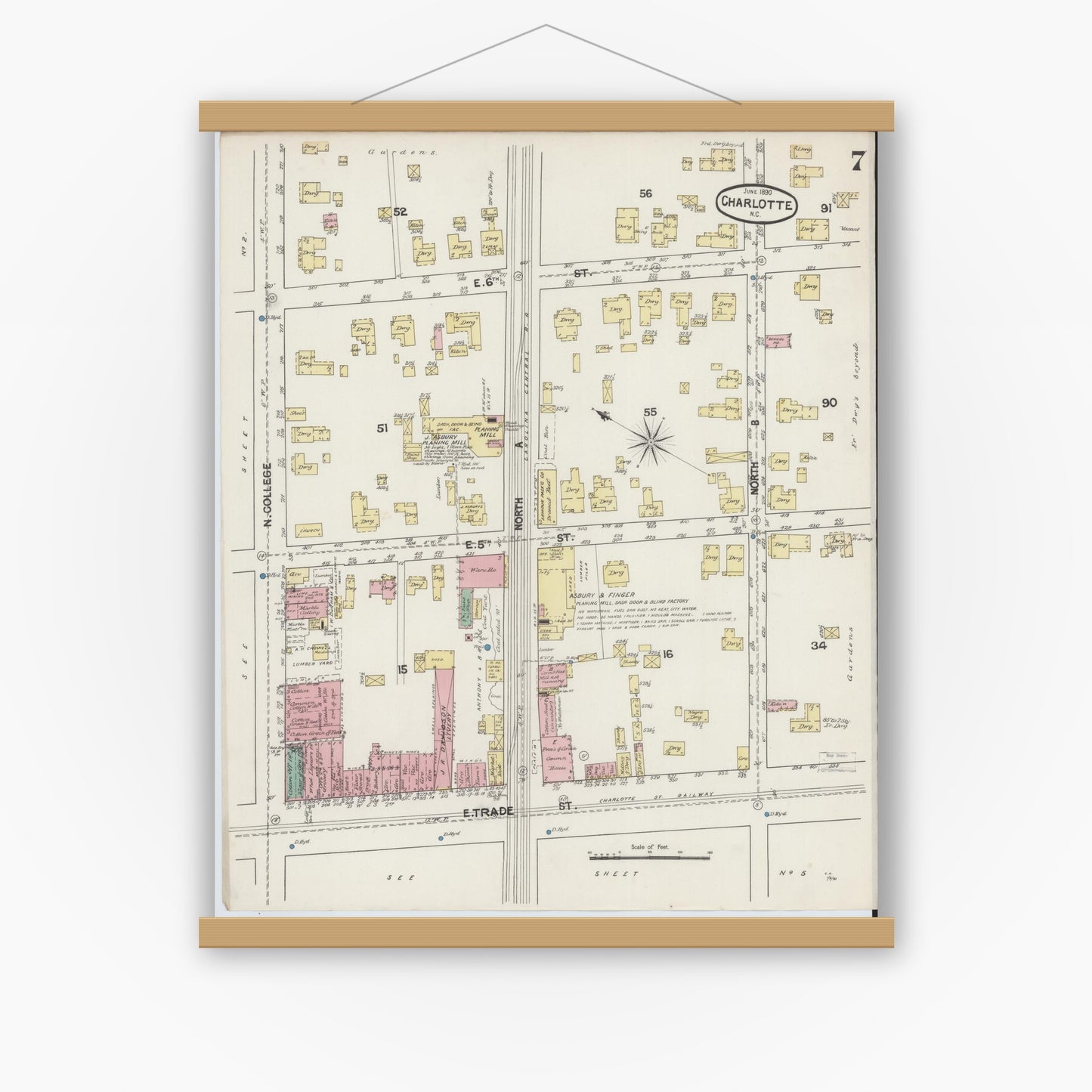 Old map wall art mockup — magnetic wood frame on white wall — Sanborn Fire Insurance Map from Charlotte, Mecklenburg County, North Carolina (1890), Sheet #0007