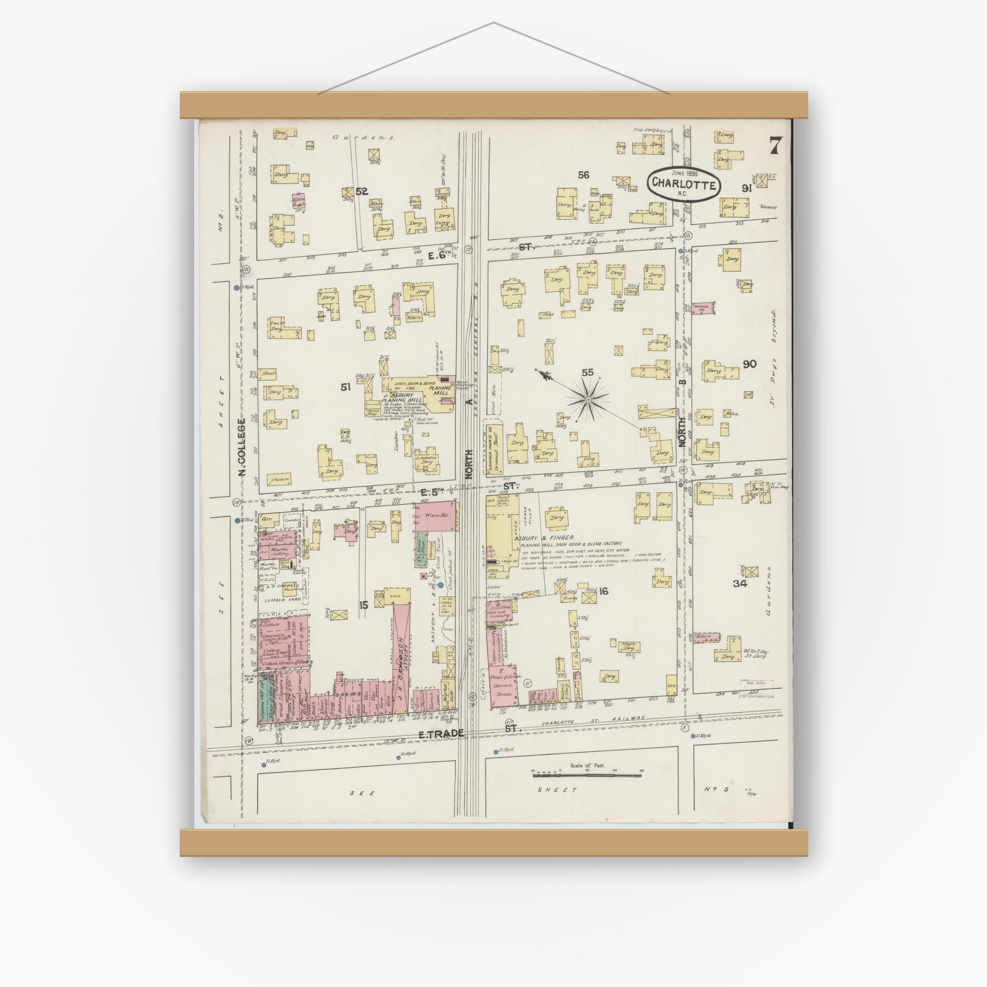 Old map wall art mockup — magnetic wood frame on white wall — Sanborn Fire Insurance Map from Charlotte, Mecklenburg County, North Carolina (1890), Sheet #0007