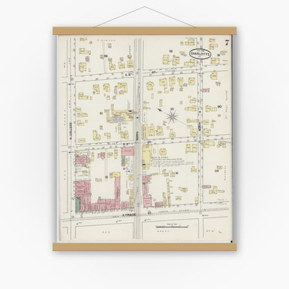 Old map wall art mockup — magnetic wood frame on white wall — Sanborn Fire Insurance Map from Charlotte, Mecklenburg County, North Carolina (1890), Sheet #0007