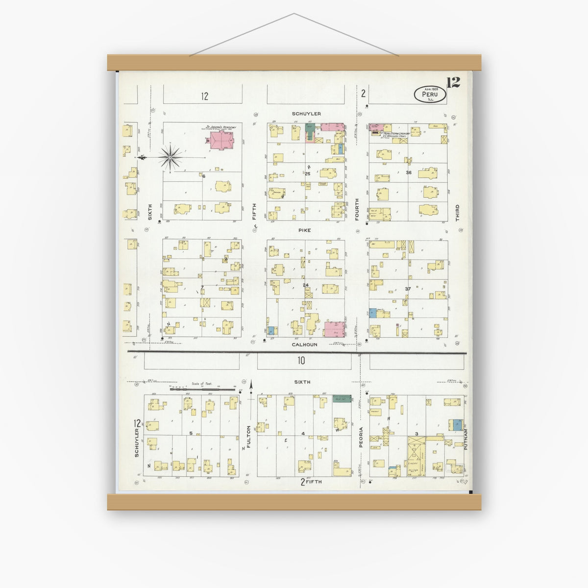 Old map wall art mockup — magnetic wood frame on white wall — Sanborn Fire Insurance Map from Peru, La Salle County, Illinois (1909), Sheet #0012