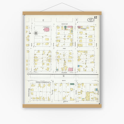 Old map wall art mockup — magnetic wood frame on white wall — Sanborn Fire Insurance Map from Peru, La Salle County, Illinois (1909), Sheet #0012