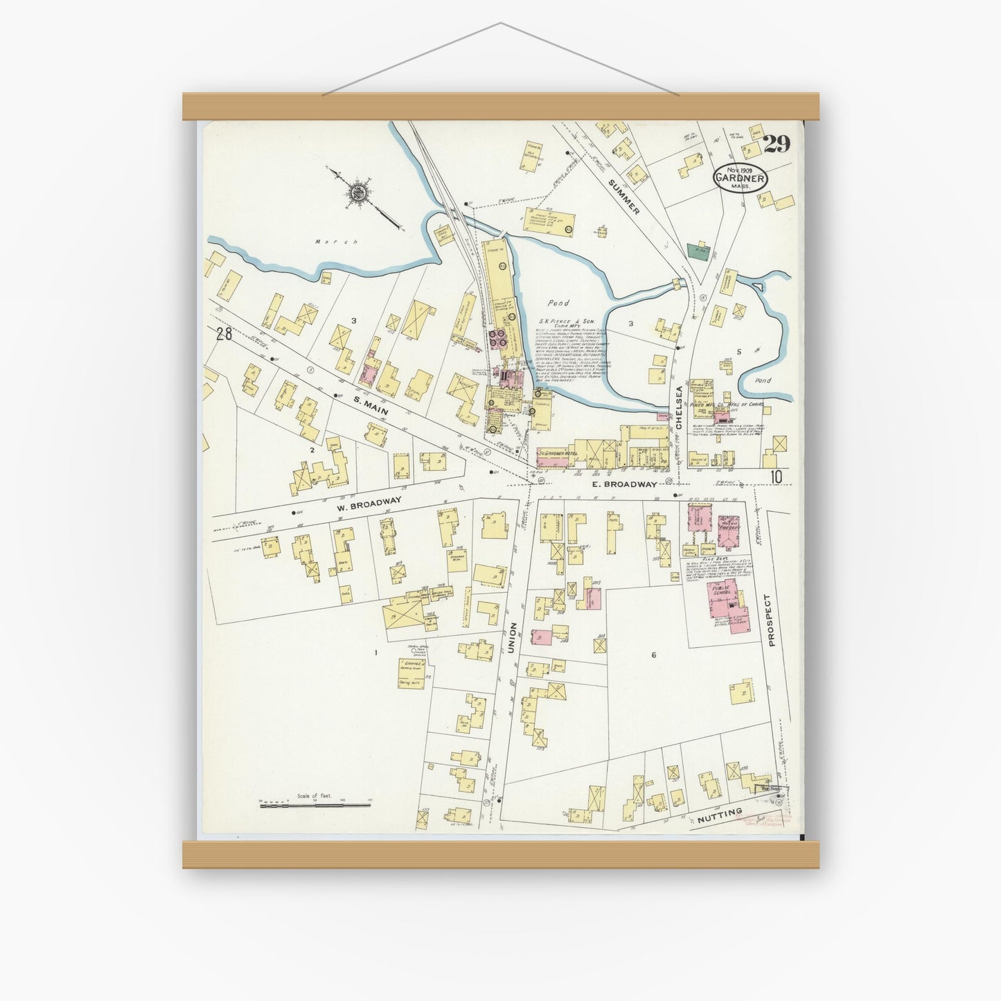 Old map wall art mockup — magnetic wood frame on white wall — Sanborn Fire Insurance Map from Gardner, Worcester County, Massachusetts (1909), Sheet #0029