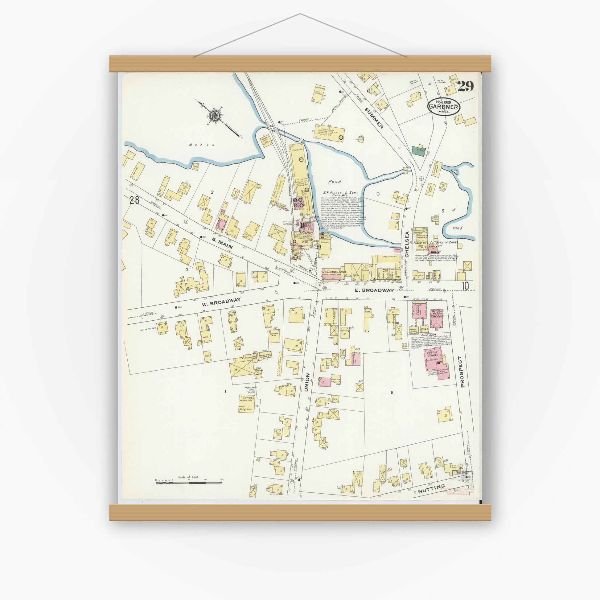 Old map wall art mockup — magnetic wood frame on white wall — Sanborn Fire Insurance Map from Gardner, Worcester County, Massachusetts (1909), Sheet #0029