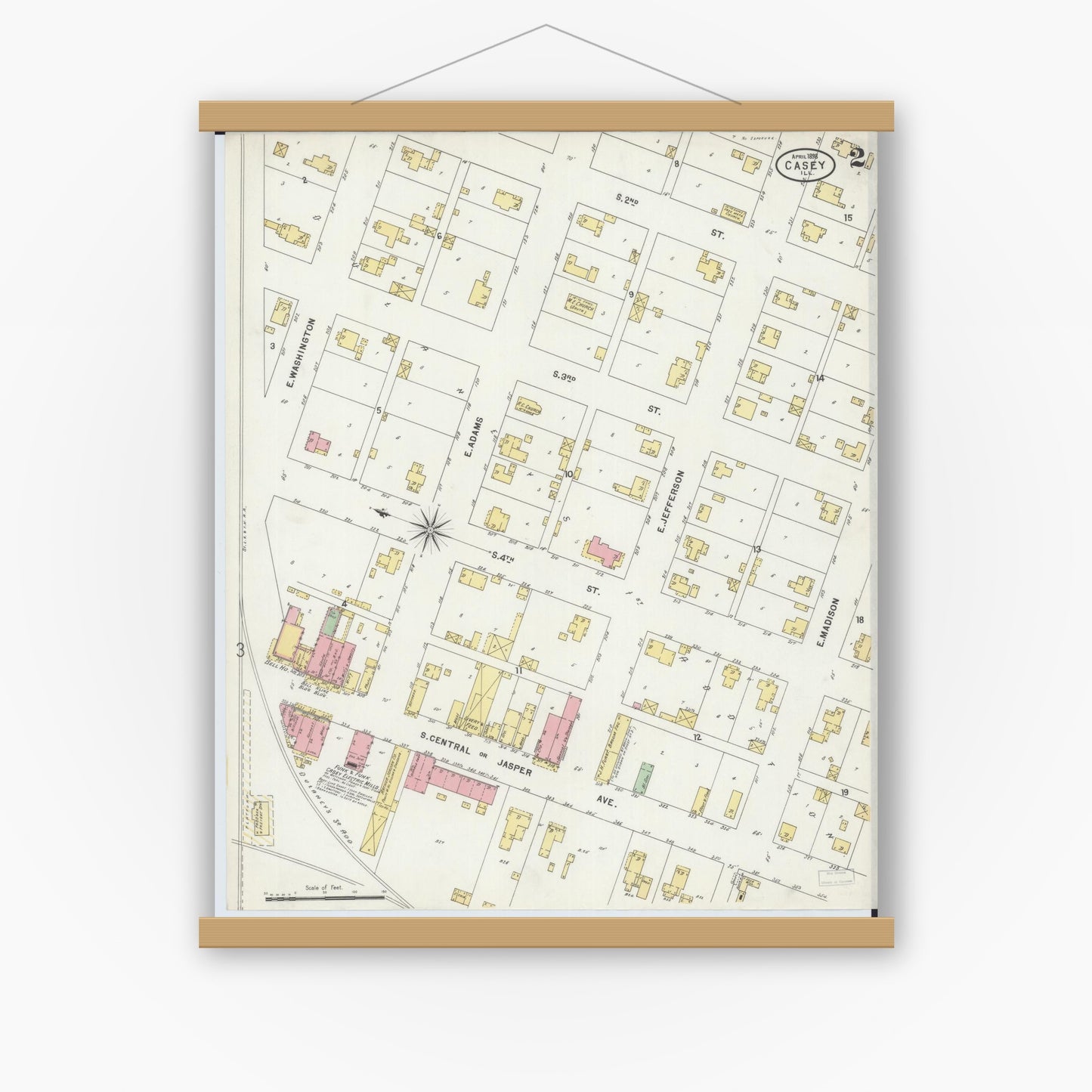 Old map wall art mockup — magnetic wood frame on white wall — Sanborn Fire Insurance Map from Casey, Clark County, Illinois (1898), Sheet #0002