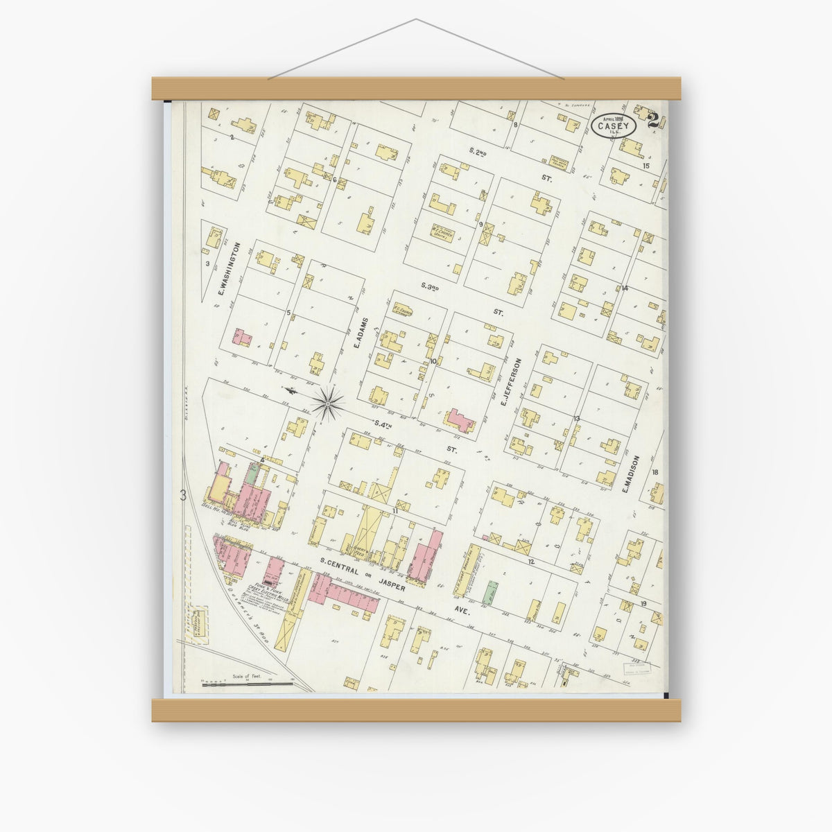 Old map wall art mockup — magnetic wood frame on white wall — Sanborn Fire Insurance Map from Casey, Clark County, Illinois (1898), Sheet #0002