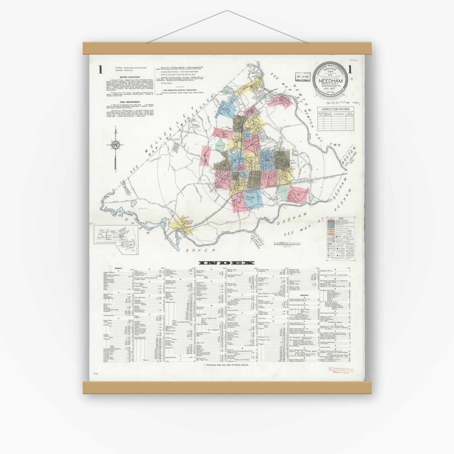 Old map wall art mockup — magnetic wood frame on white wall — Sanborn Fire Insurance Map from Needham, Norfolk County, Massachusetts (1937), Sheet #0001