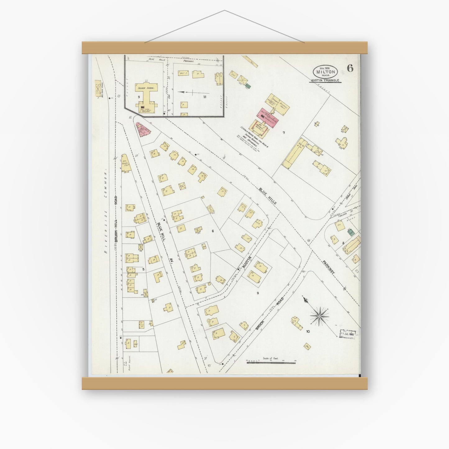 Old map wall art mockup — magnetic wood frame on white wall — Sanborn Fire Insurance Map from Milton, Norfolk County, Massachusetts (1906), Sheet #0006