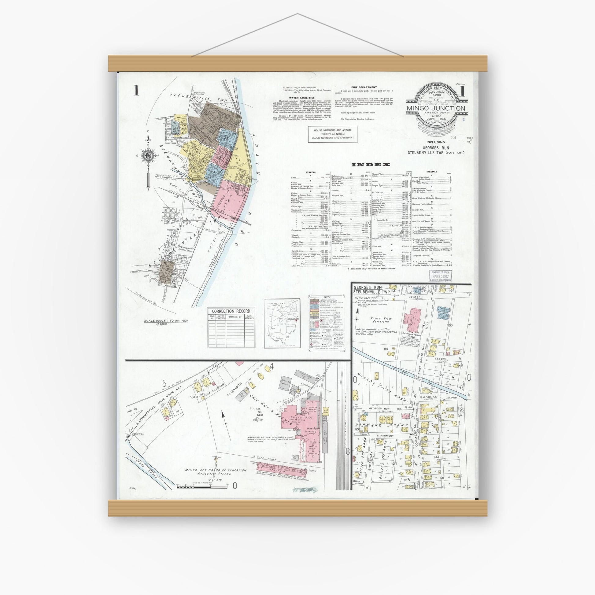 Old map wall art mockup — magnetic wood frame on white wall — Sanborn Fire Insurance Map from Mingo Junction, Jefferson County, Ohio (1946) - Complete Map Set