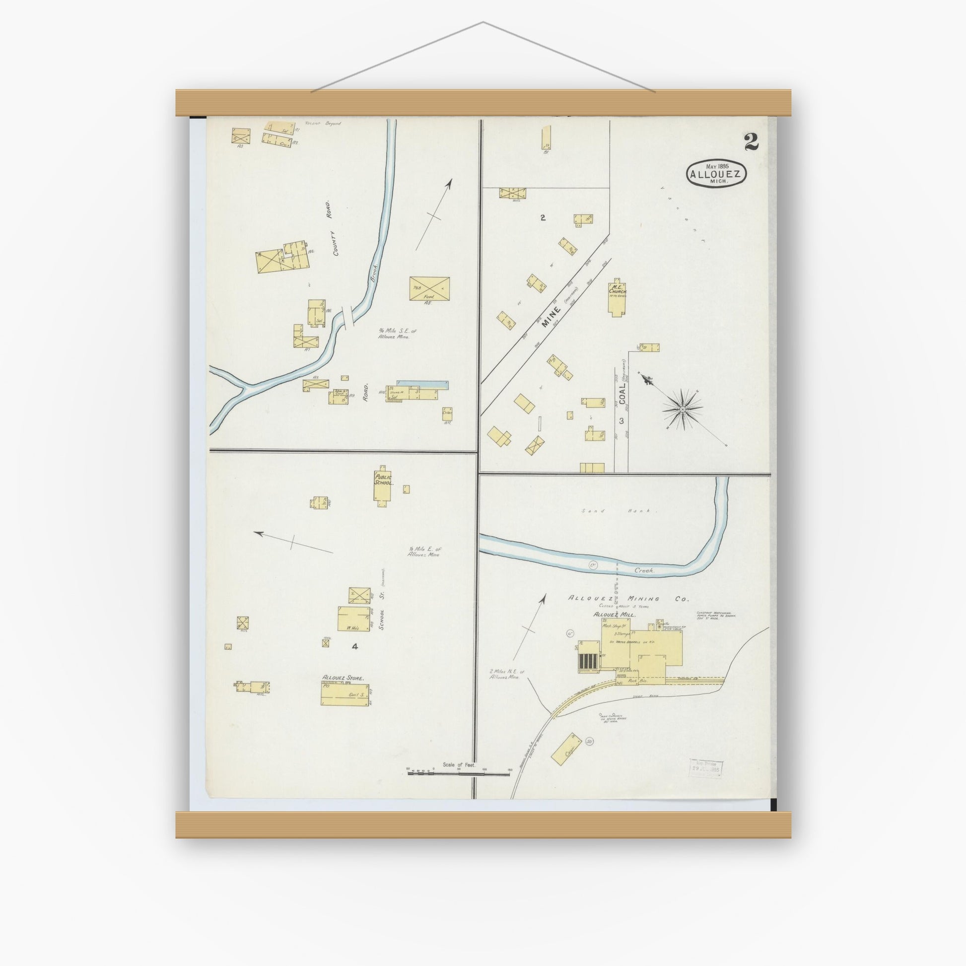 Old map wall art mockup — magnetic wood frame on white wall — Sanborn Fire Insurance Map from Allouez, Keweenaw And Houghton Counties, Michigan (1895), Sheet #0002