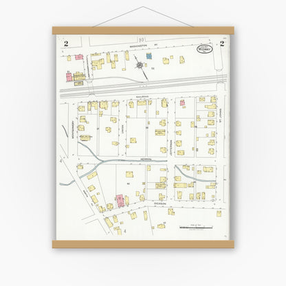 Old map wall art mockup — magnetic wood frame on white wall — Sanborn Fire Insurance Map from Midway, Washington County, Pennsylvania (1927), Sheet #0002