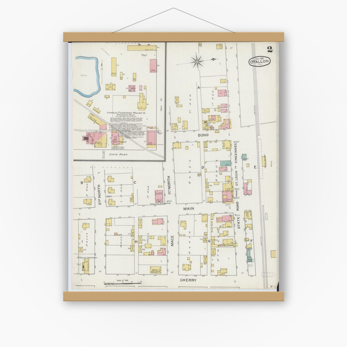 Old map wall art mockup — magnetic wood frame on white wall — Sanborn Fire Insurance Map from O'Fallon, Saint Clair County, Illinois (1893), Sheet #0002