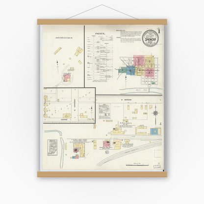 Old map wall art mockup — magnetic wood frame on white wall — Sanborn Fire Insurance Map from Spencer, Owen County, Indiana (1912) - Complete Map Set