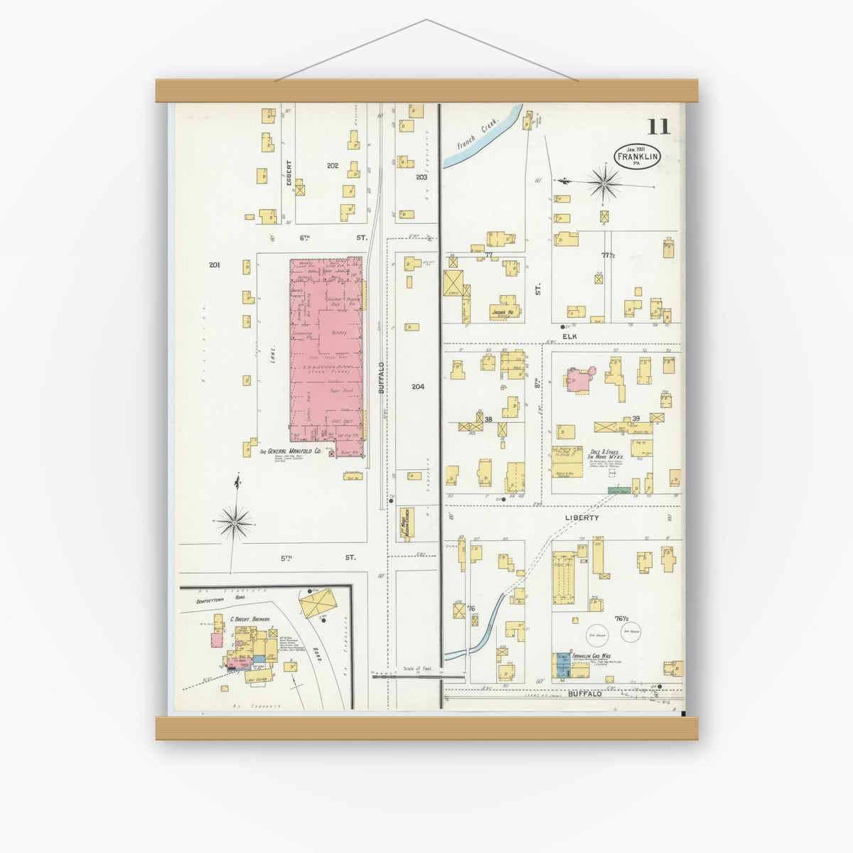Old map wall art mockup — magnetic wood frame on white wall — Sanborn Fire Insurance Map from Franklin, Venango County, Pennsylvania (1901), Sheet #0011