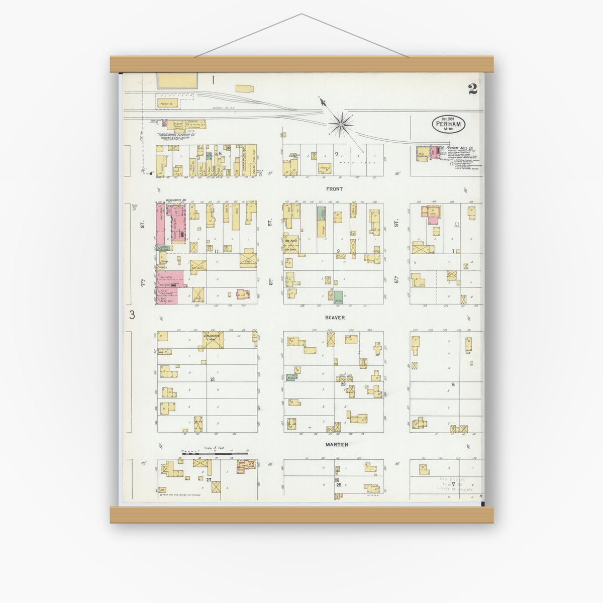 Old map wall art mockup — magnetic wood frame on white wall — Sanborn Fire Insurance Map from Perham, Otter Tail County, Minnesota (1899), Sheet #0002
