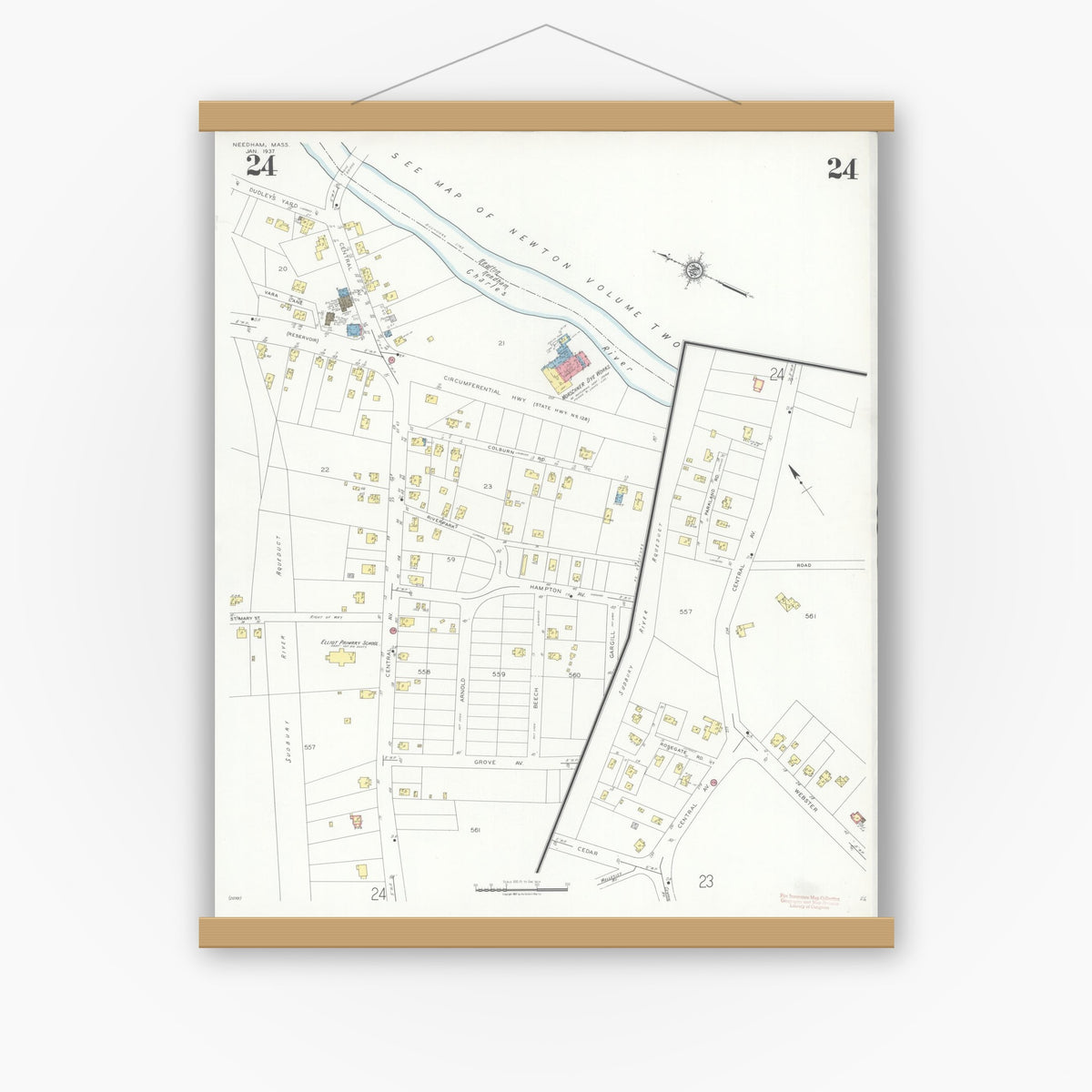 Old map wall art mockup — magnetic wood frame on white wall — Sanborn Fire Insurance Map from Needham, Norfolk County, Massachusetts (1937), Sheet #0024