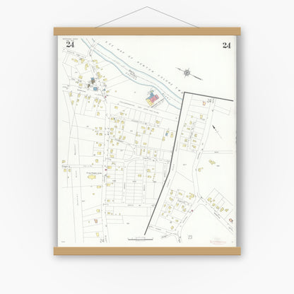 Old map wall art mockup — magnetic wood frame on white wall — Sanborn Fire Insurance Map from Needham, Norfolk County, Massachusetts (1937), Sheet #0024