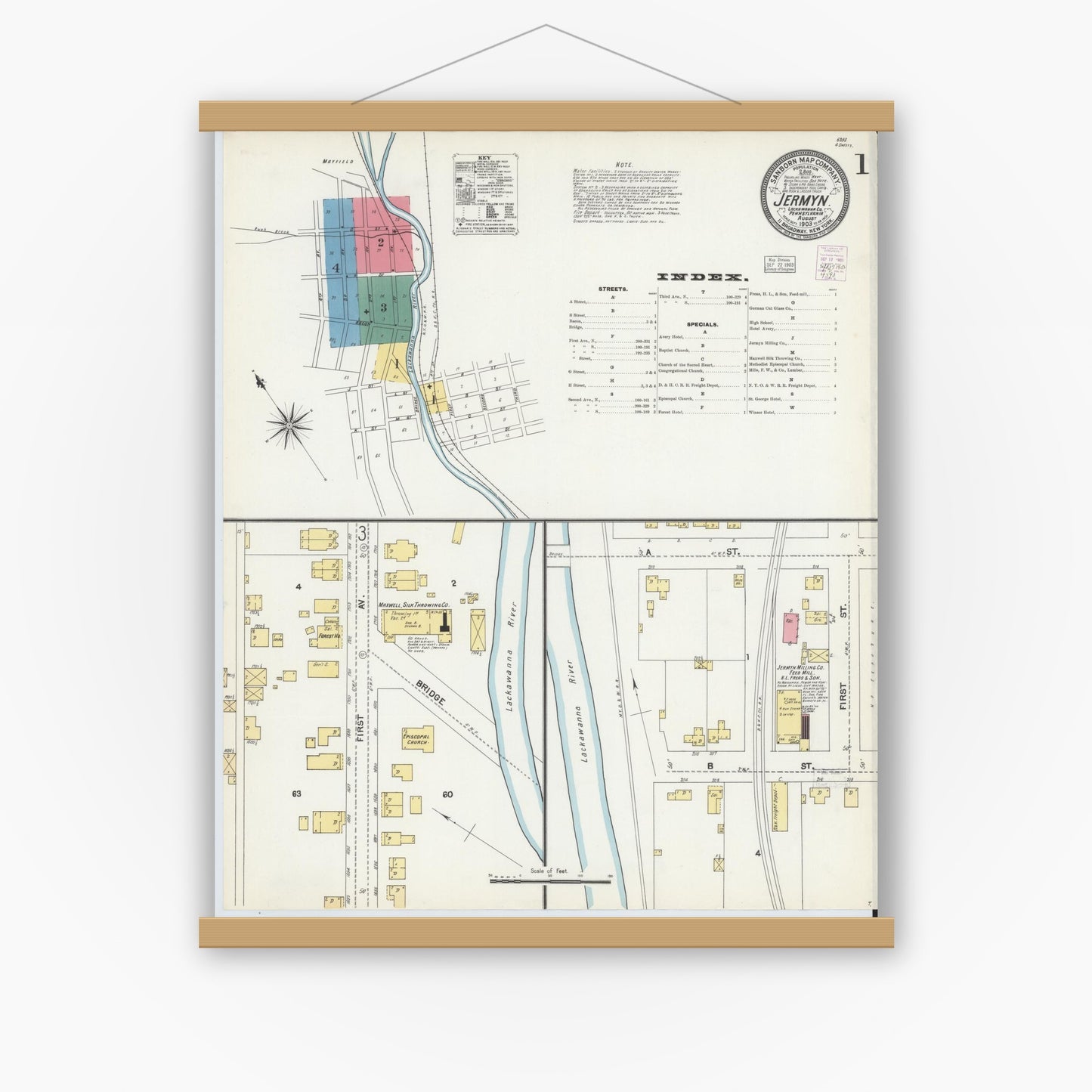 Old map wall art mockup — magnetic wood frame on white wall — Sanborn Fire Insurance Map from Jermyn, Lackawanna County, Pennsylvania (1903) - Complete Map Set