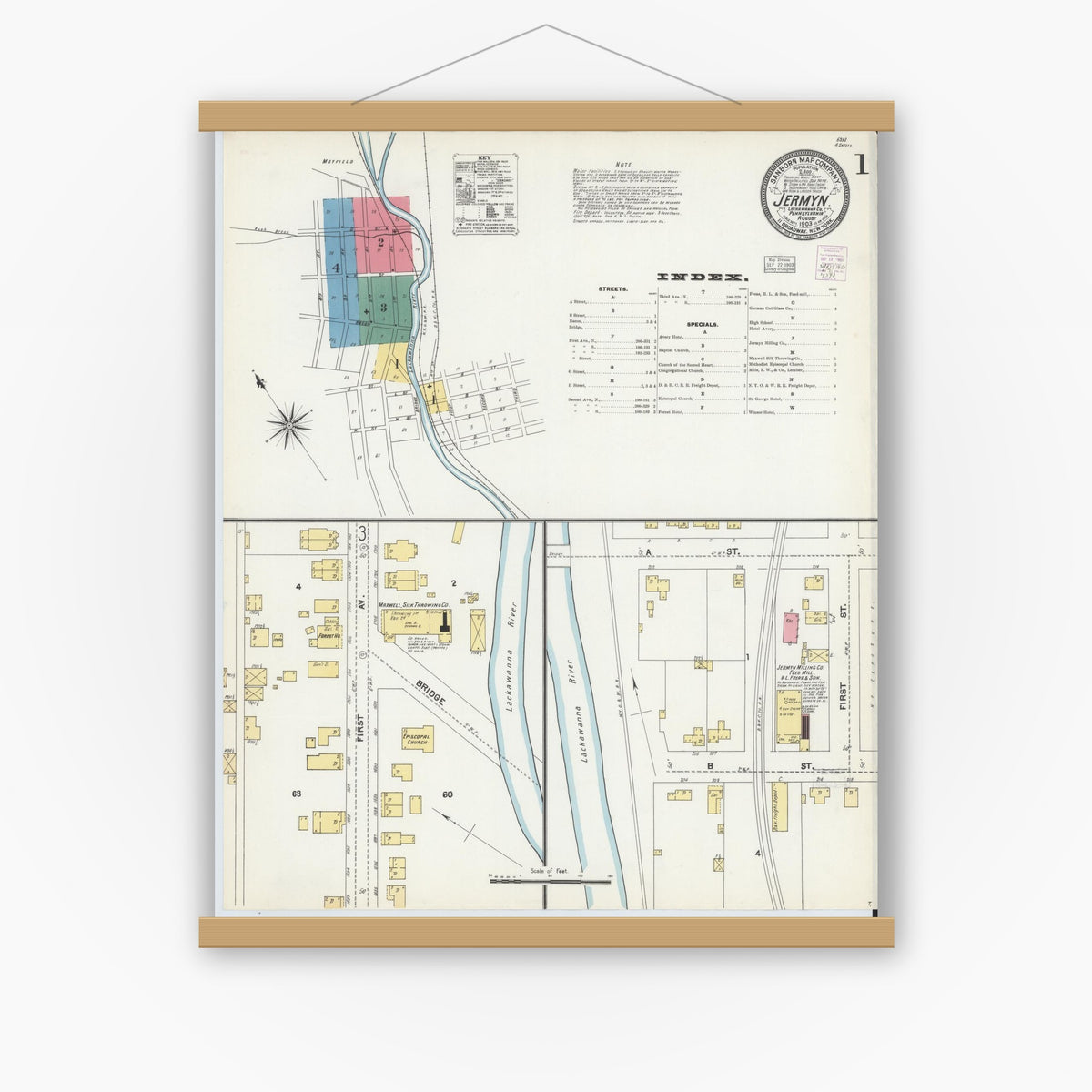 Old map wall art mockup — magnetic wood frame on white wall — Sanborn Fire Insurance Map from Jermyn, Lackawanna County, Pennsylvania (1903) - Complete Map Set
