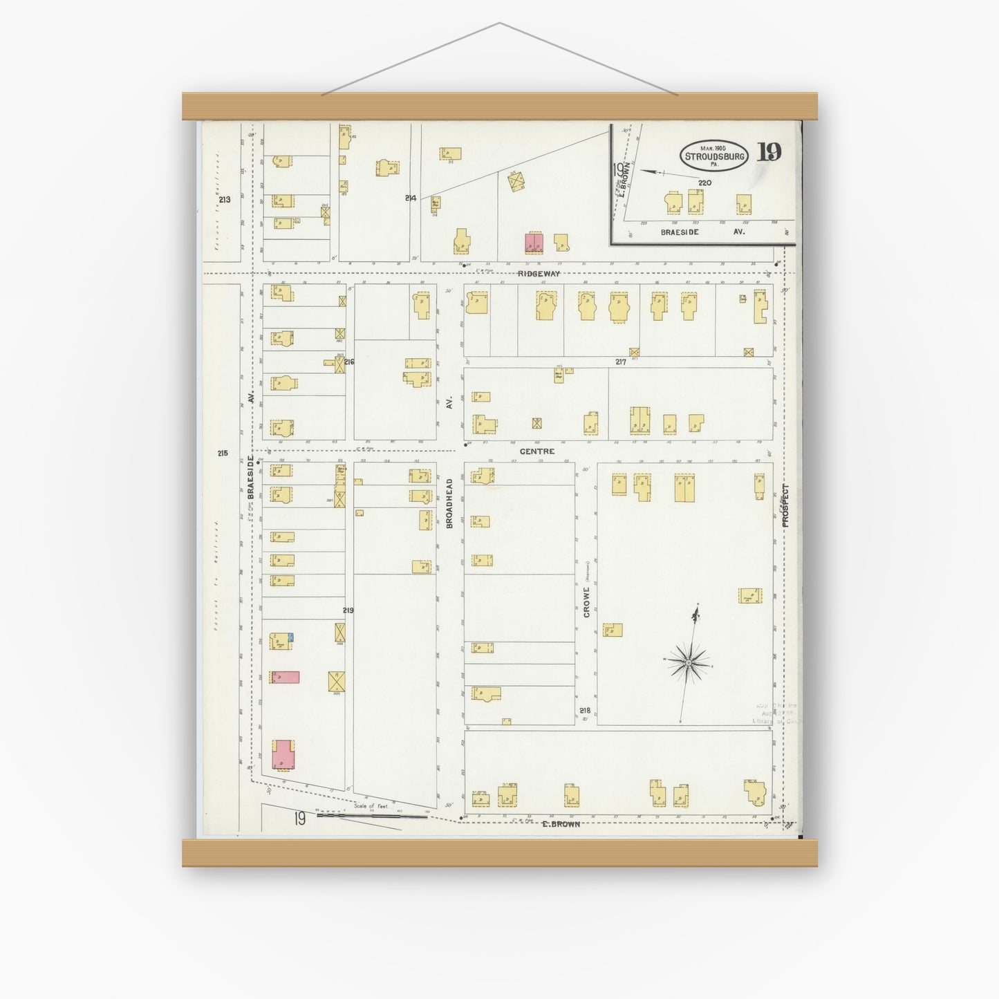 Old map wall art mockup — magnetic wood frame on white wall — Sanborn Fire Insurance Map from Stroudsburg, Monroe County, Pennsylvania (1905), Sheet #0019