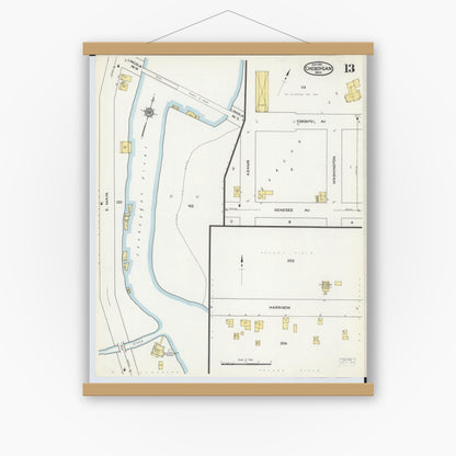 Old map wall art mockup — magnetic wood frame on white wall — Sanborn Fire Insurance Map from Cheboygan, Cheboygan County, Michigan (1915), Sheet #0013