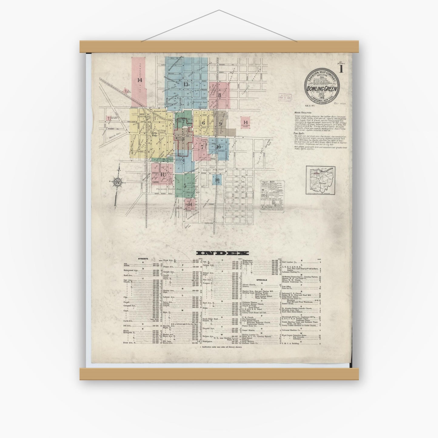 Old map wall art mockup — magnetic wood frame on white wall — Sanborn Fire Insurance Map from Bowling Green, Wood County, Ohio (1915), Sheet #0001
