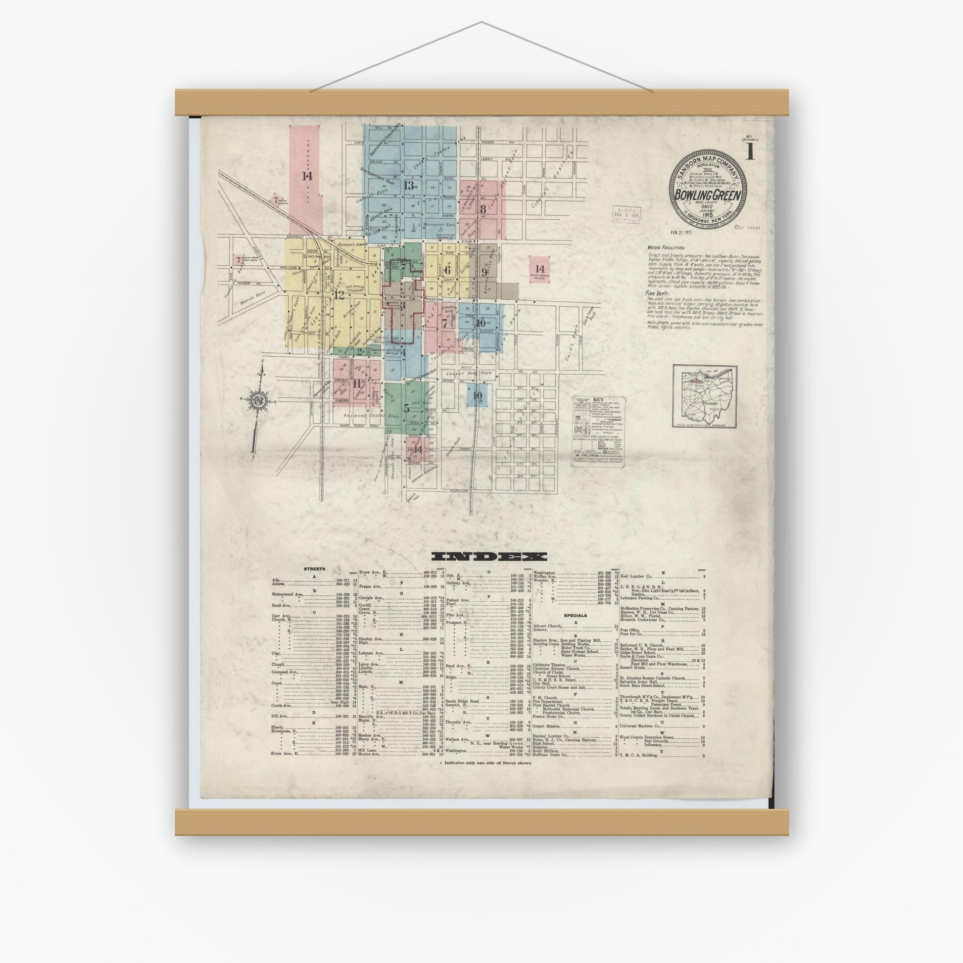 Old map wall art mockup — magnetic wood frame on white wall — Sanborn Fire Insurance Map from Bowling Green, Wood County, Ohio (1915), Sheet #0001