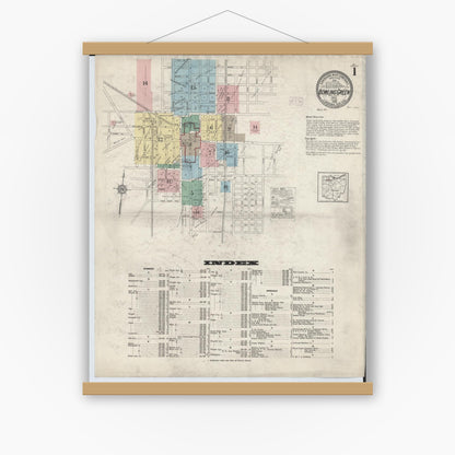Old map wall art mockup — magnetic wood frame on white wall — Sanborn Fire Insurance Map from Bowling Green, Wood County, Ohio (1915), Sheet #0001