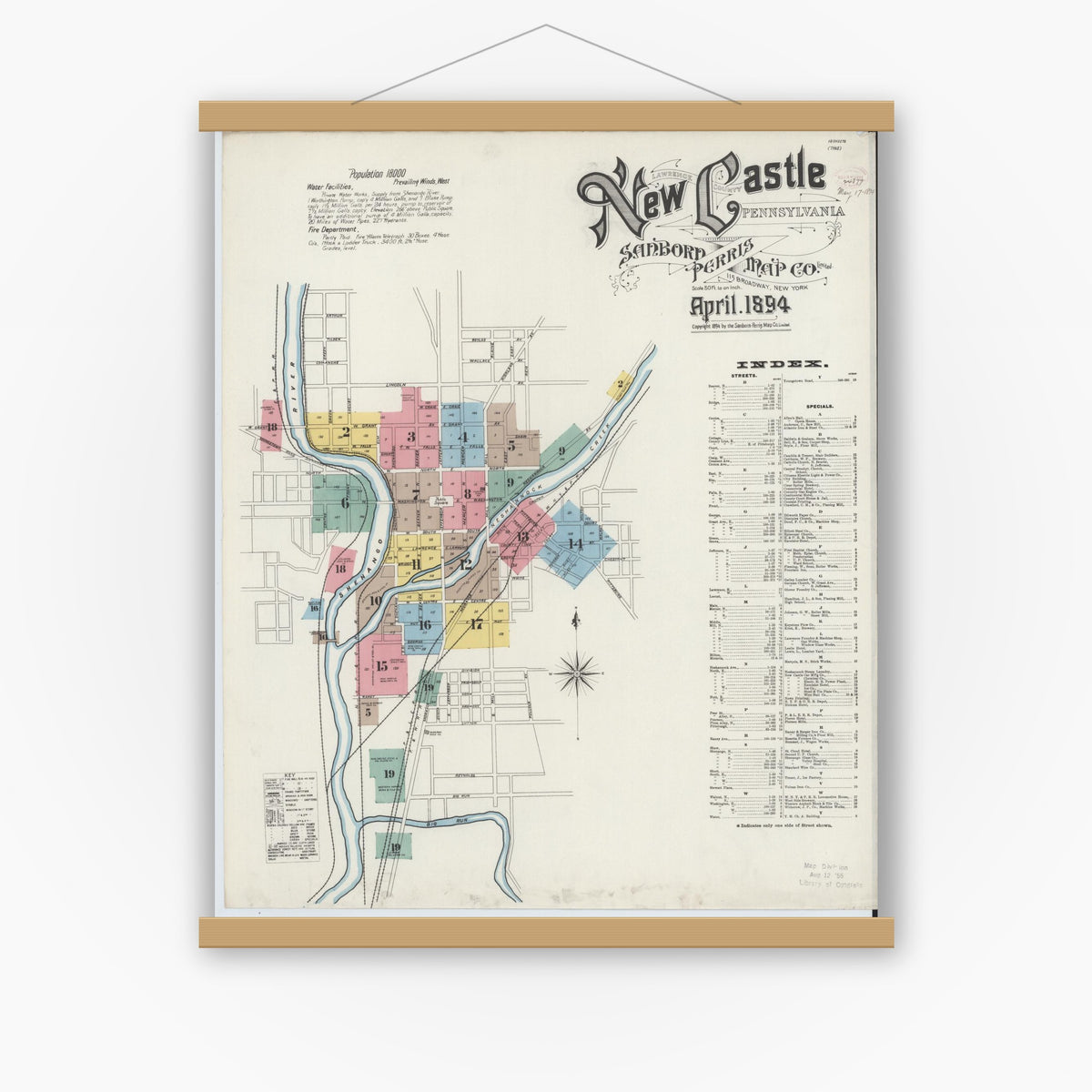Old map wall art mockup — magnetic wood frame on white wall — Sanborn Fire Insurance Map from New Castle, Lawrence County, Pennsylvania (1894), Sheet #0001