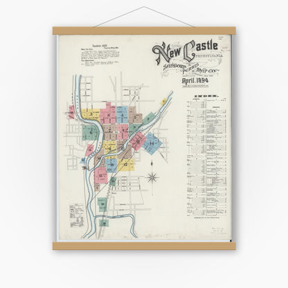Old map wall art mockup — magnetic wood frame on white wall — Sanborn Fire Insurance Map from New Castle, Lawrence County, Pennsylvania (1894), Sheet #0001