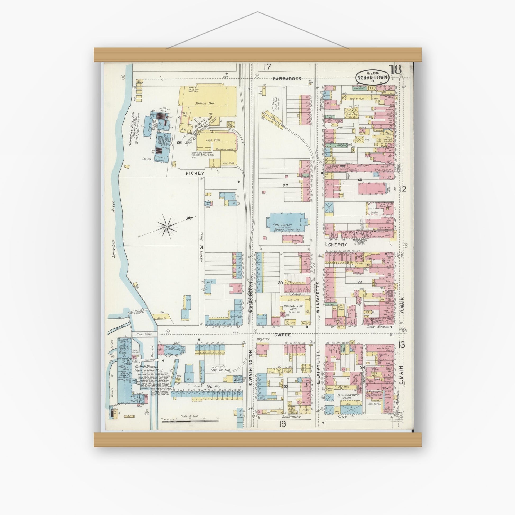 Old map wall art mockup — magnetic wood frame on white wall — Sanborn Fire Insurance Map from Norristown, Montgomery County, Pennsylvania (1896), Sheet #0018