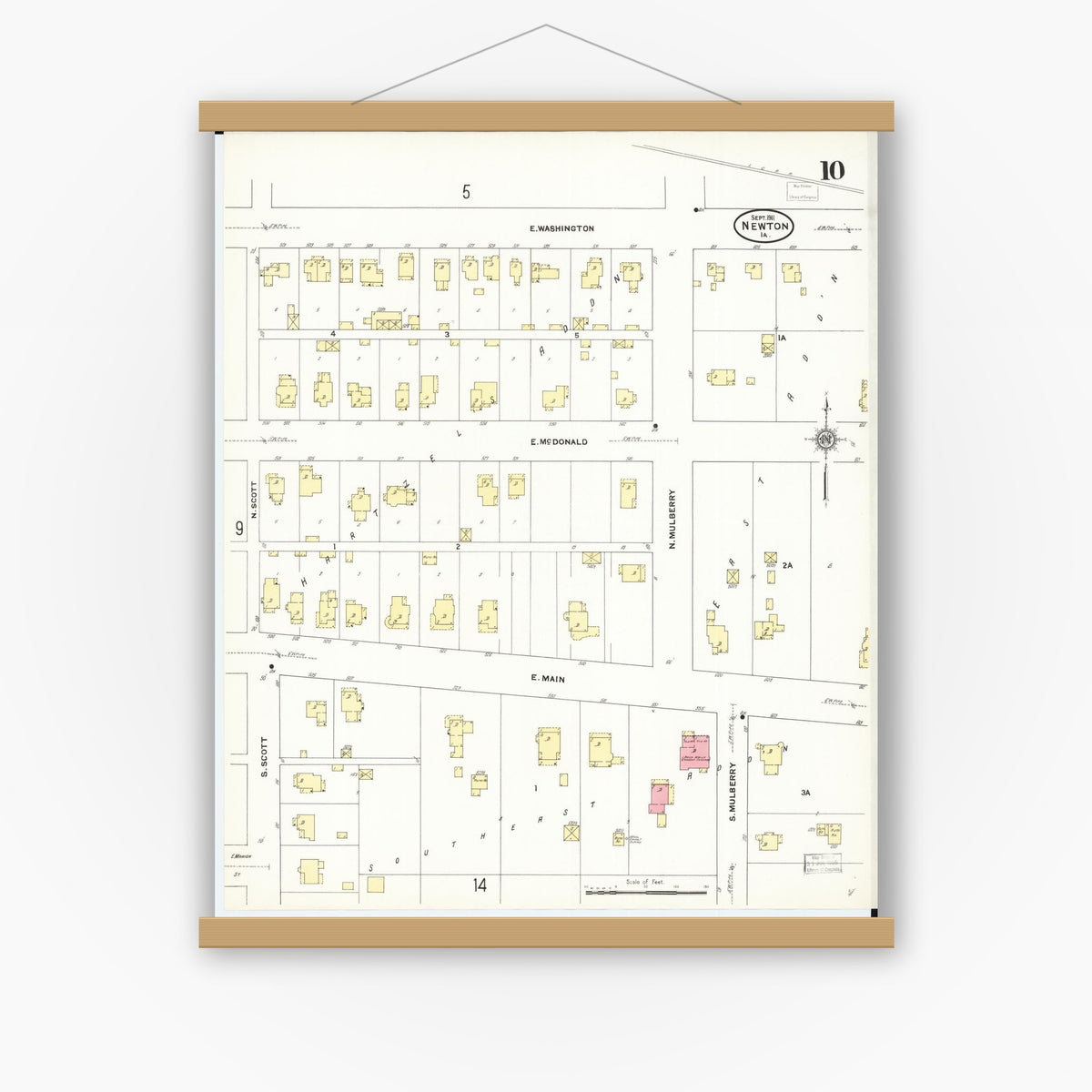 Old map wall art mockup — magnetic wood frame on white wall — Sanborn Fire Insurance Map from Newton, Jasper County, Iowa (1911), Sheet #0010