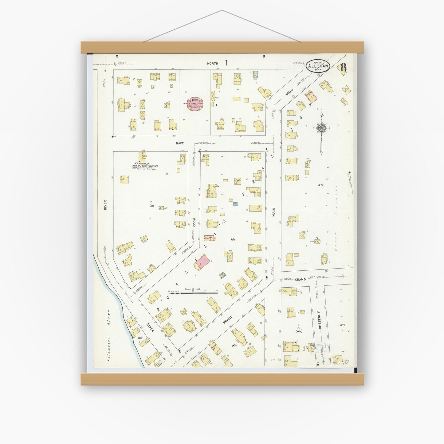 Old map wall art mockup — magnetic wood frame on white wall — Sanborn Fire Insurance Map from Allegan, Allegan County, Michigan (1911), Sheet #0008