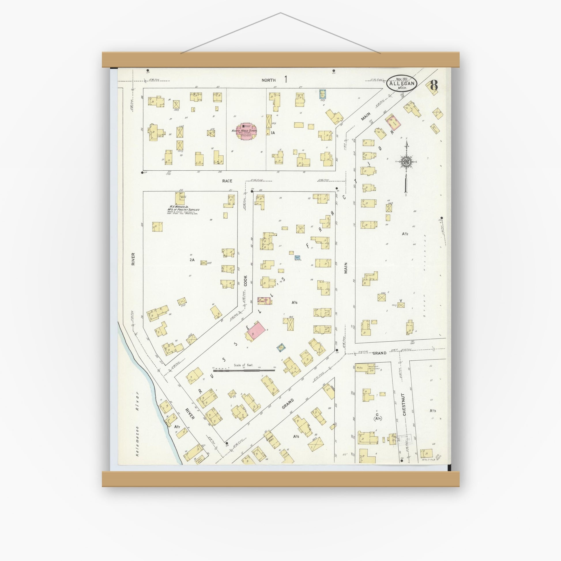 Old map wall art mockup — magnetic wood frame on white wall — Sanborn Fire Insurance Map from Allegan, Allegan County, Michigan (1911), Sheet #0008