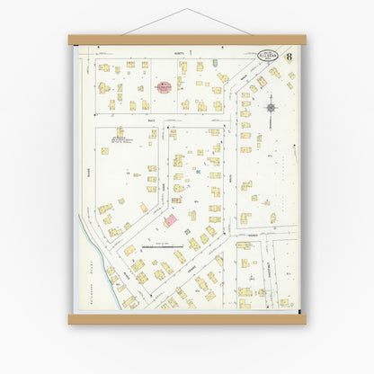 Old map wall art mockup — magnetic wood frame on white wall — Sanborn Fire Insurance Map from Allegan, Allegan County, Michigan (1911), Sheet #0008