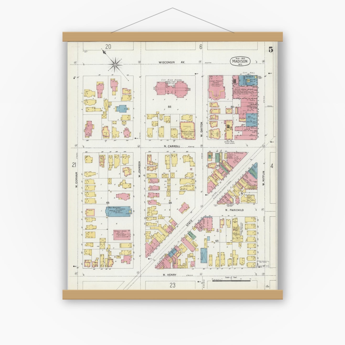 Old map wall art mockup — magnetic wood frame on white wall — Sanborn Fire Insurance Map from Madison, Dane County, Wisconsin (1902), Sheet #0005